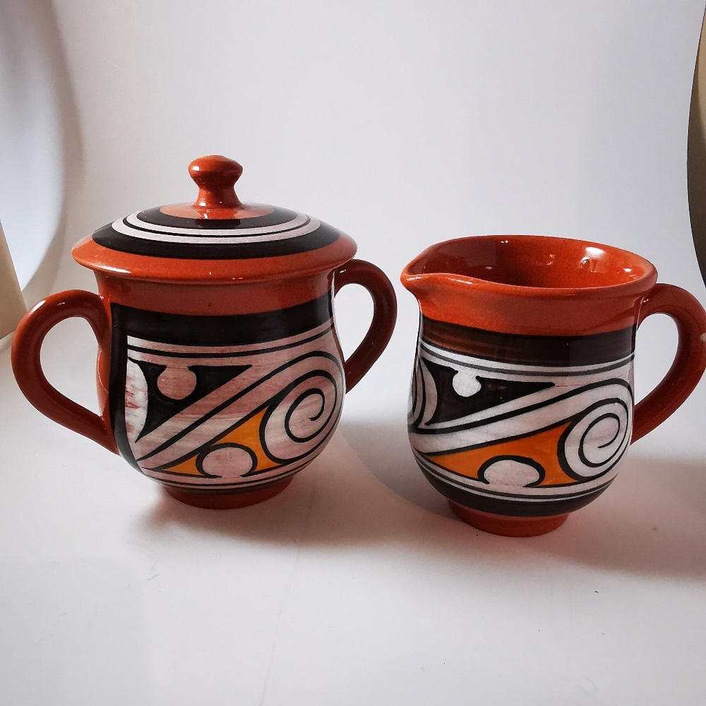 Vintage Red Clay Pottery Cream and Sugar Abstract Brown White Mustard Colour